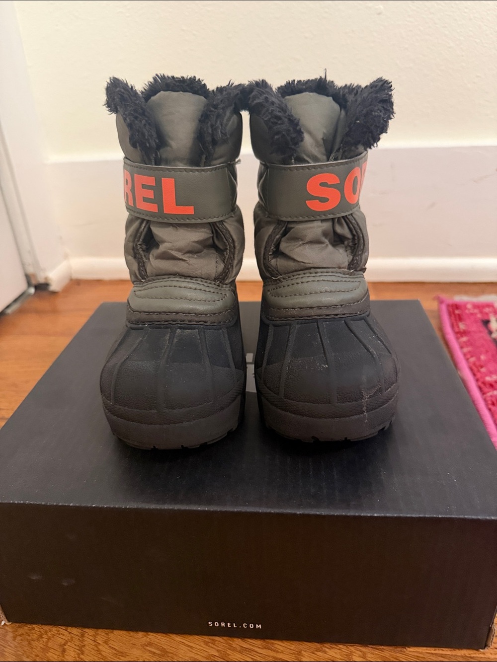 Sorel Kids Olive Green and Black Winter Boots with Orange Logo
